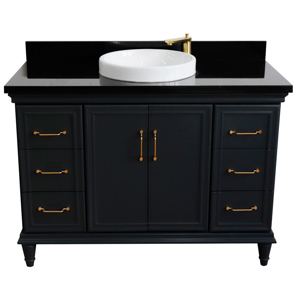 Single sink vanity in Dark Gray with Black galaxy granite and round sink. Picture 12