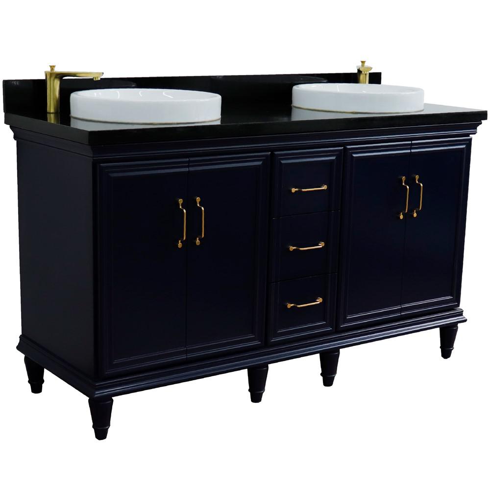 61 Double sink vanity in Blue finish and Black galaxy granite and round sink. Picture 6
