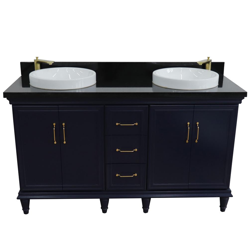 61 Double sink vanity in Blue finish and Black galaxy granite and round sink. Picture 11