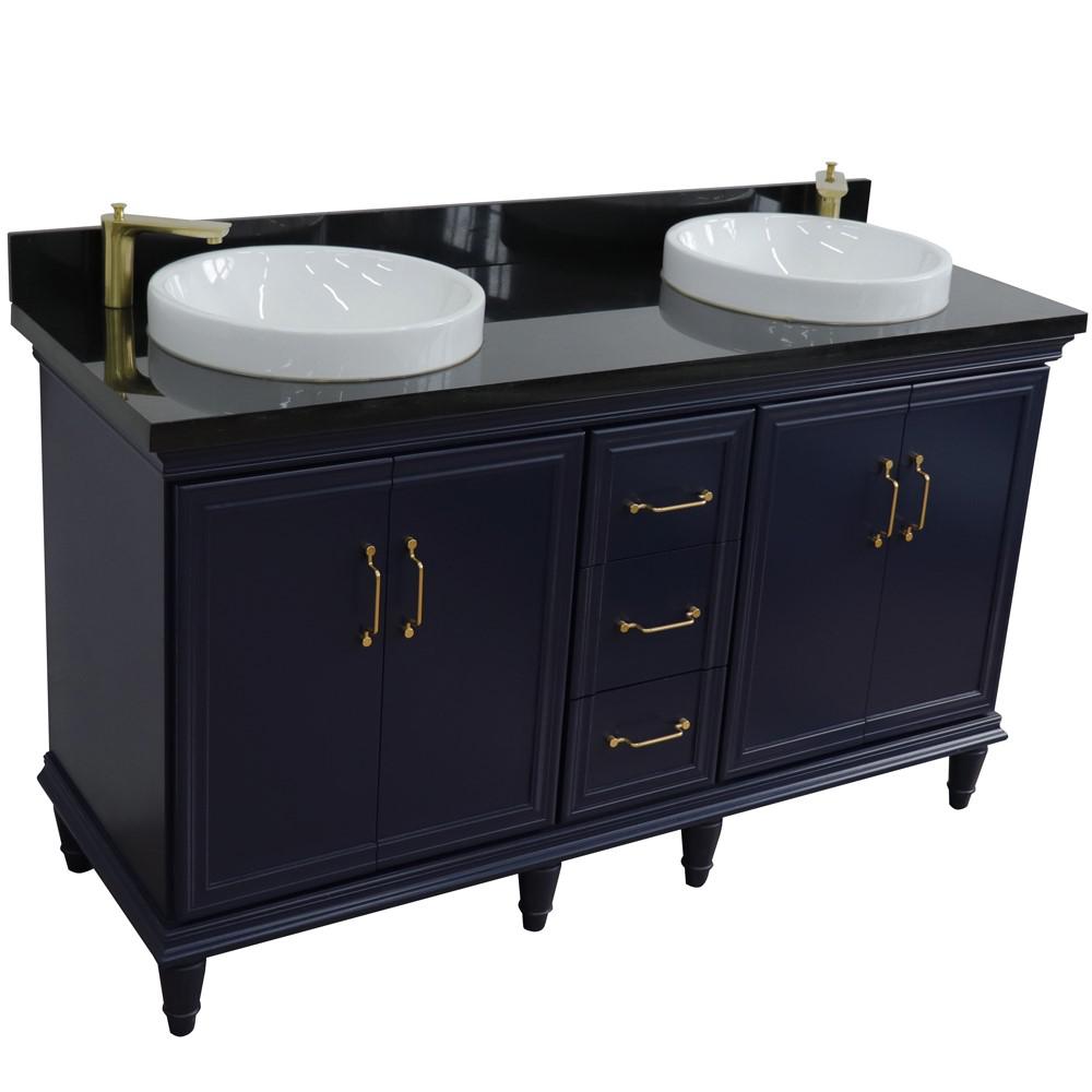 61 Double sink vanity in Blue finish and Black galaxy granite and round sink. Picture 12