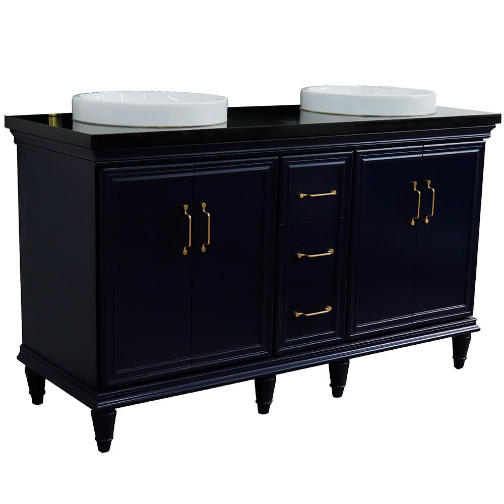 61 Double sink vanity in Blue finish and Black galaxy granite and round sink. Picture 15
