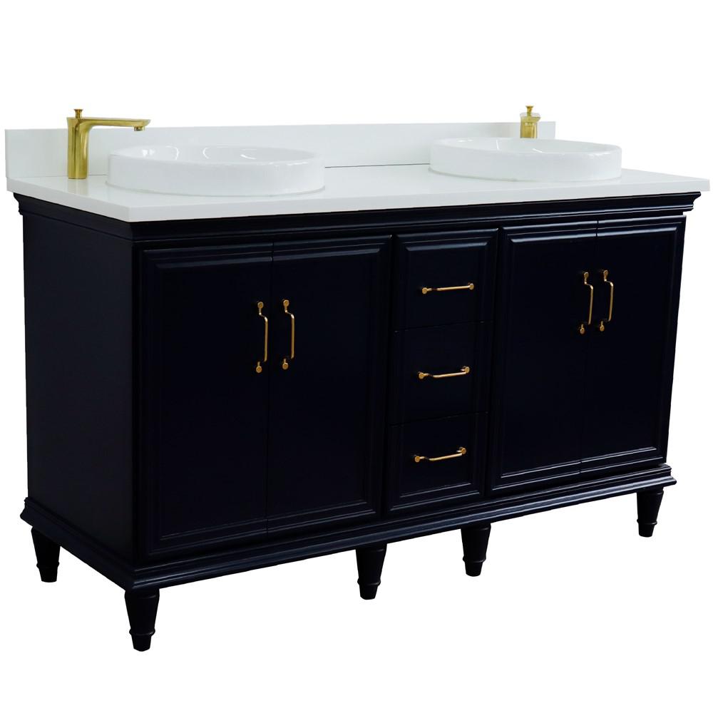61 Double sink vanity in Blue finish and White quartz and round sink. Picture 6