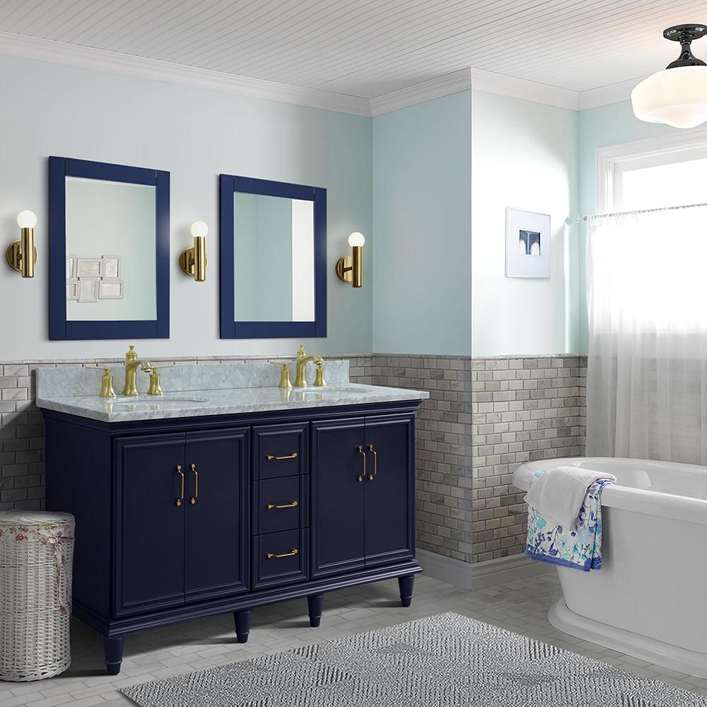 61 Double sink vanity in Blue finish and White Carrara marble and oval sink. Picture 1