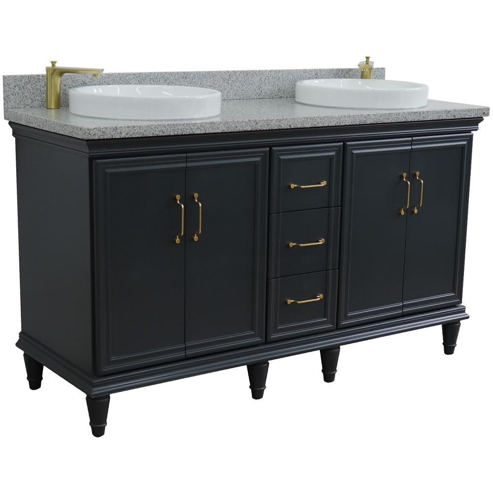 61 Double sink vanity in Dark Gray finish and Gray granite and round sink. Picture 5