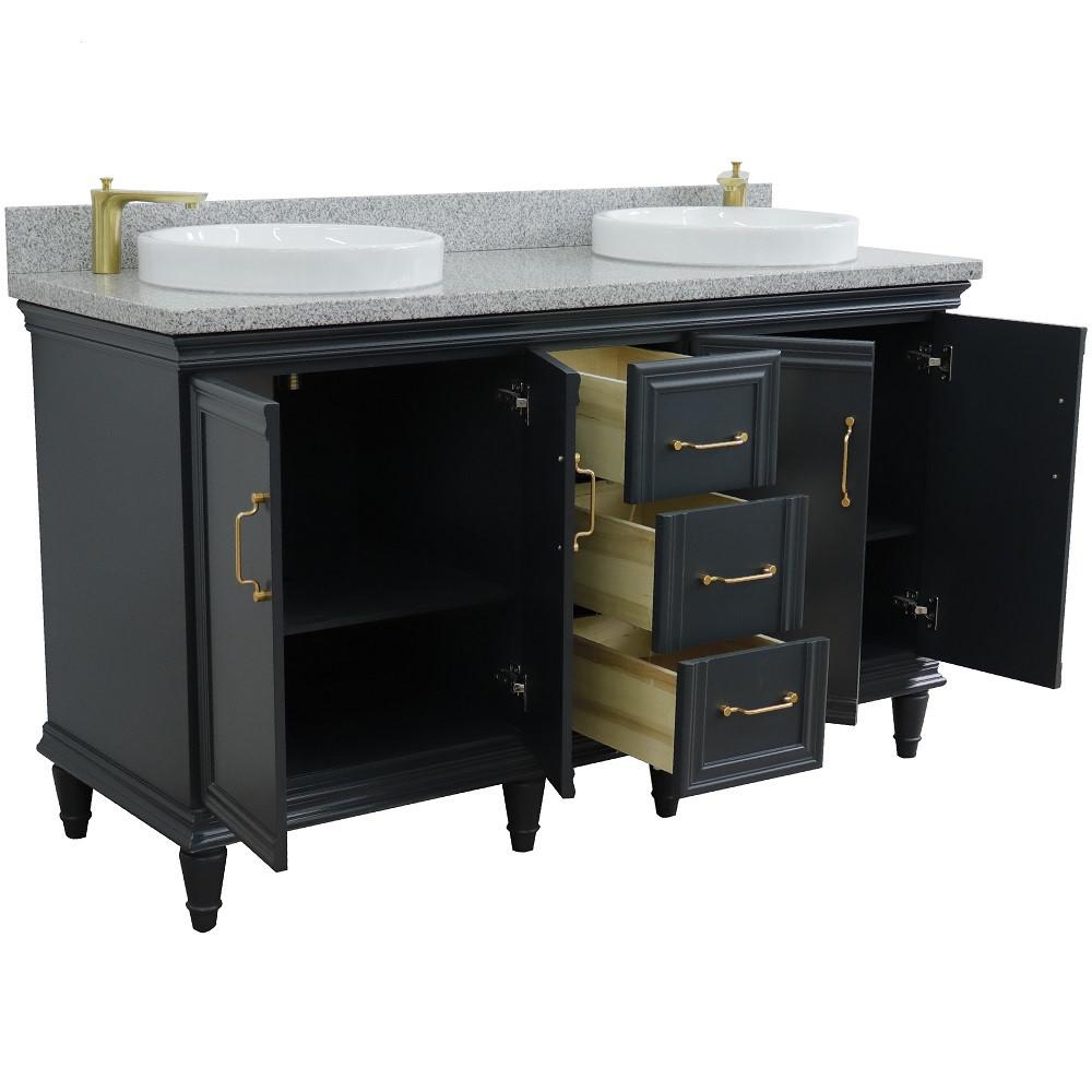 61 Double sink vanity in Dark Gray finish and Gray granite and round sink. Picture 6