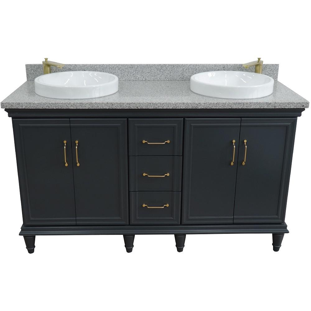 61 Double sink vanity in Dark Gray finish and Gray granite and round sink. Picture 10