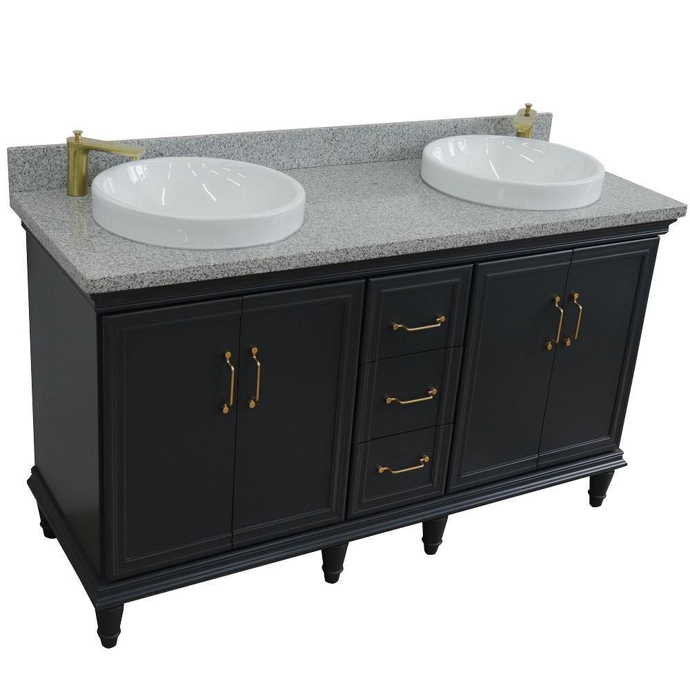 61 Double sink vanity in Dark Gray finish and Gray granite and round sink. Picture 11