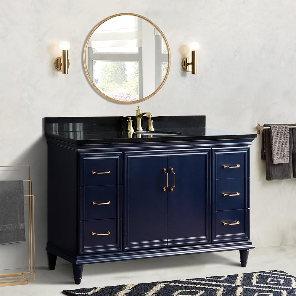 61 Single sink vanity in Blue finish and Black galaxy granite and oval sink. Picture 1