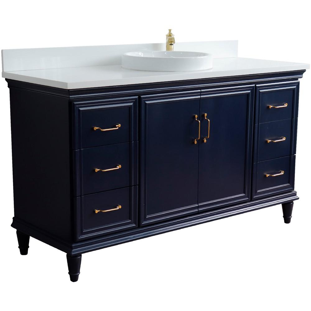 61 Single sink vanity in Blue finish and White quartz and round sink. Picture 4