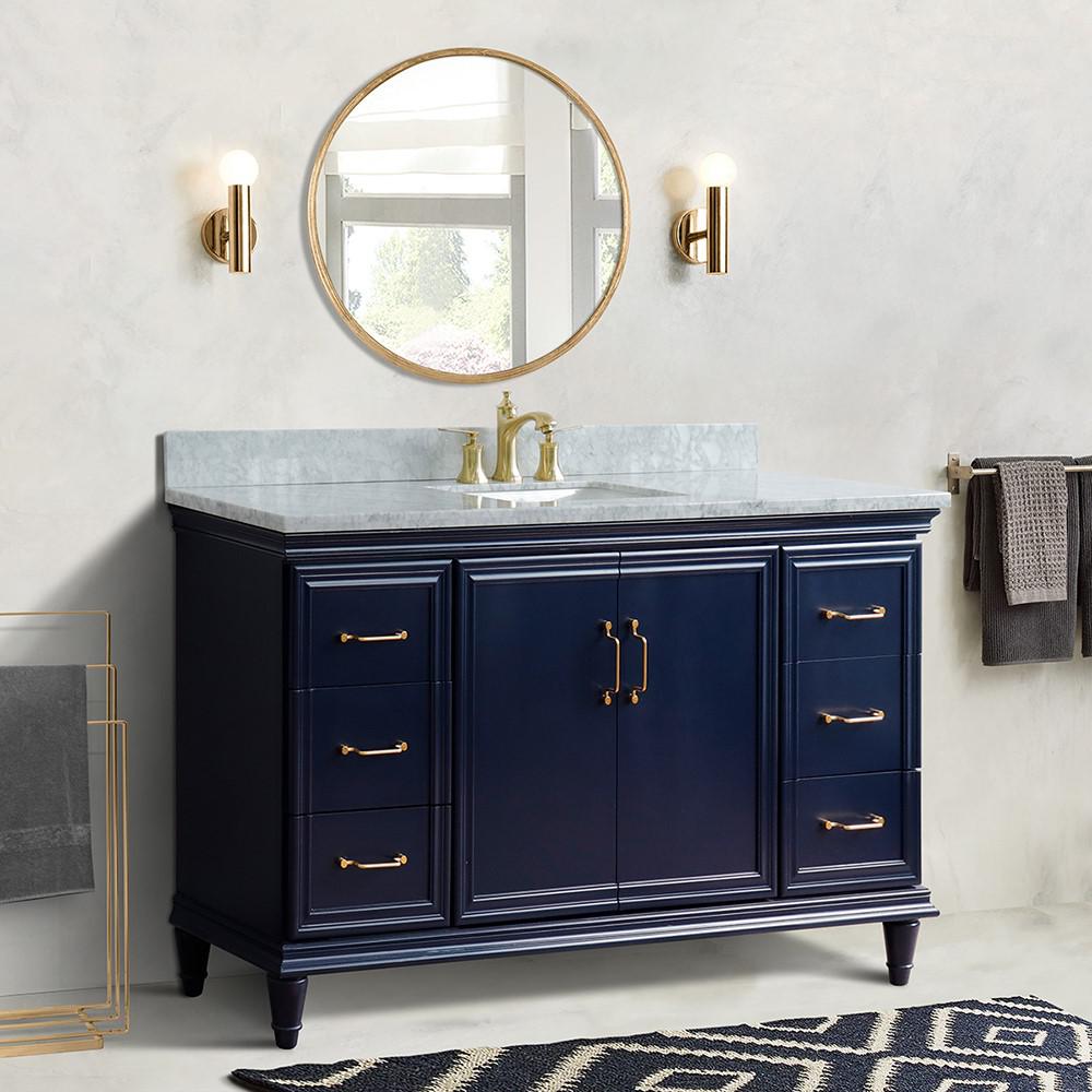 Single sink vanity in Blue and White Carrara marble and rectangle sink. Picture 14