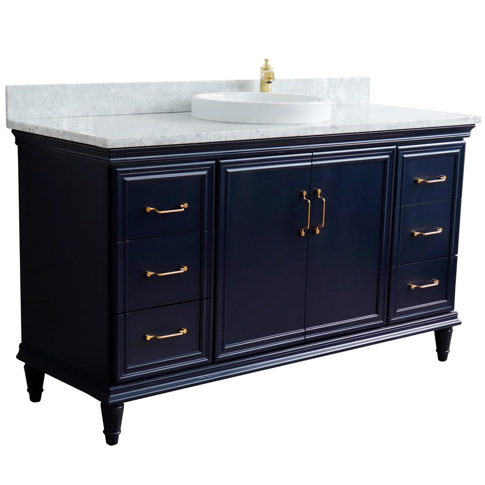 61 Single sink vanity in Blue finish and White Carrara marble and round sink. Picture 4