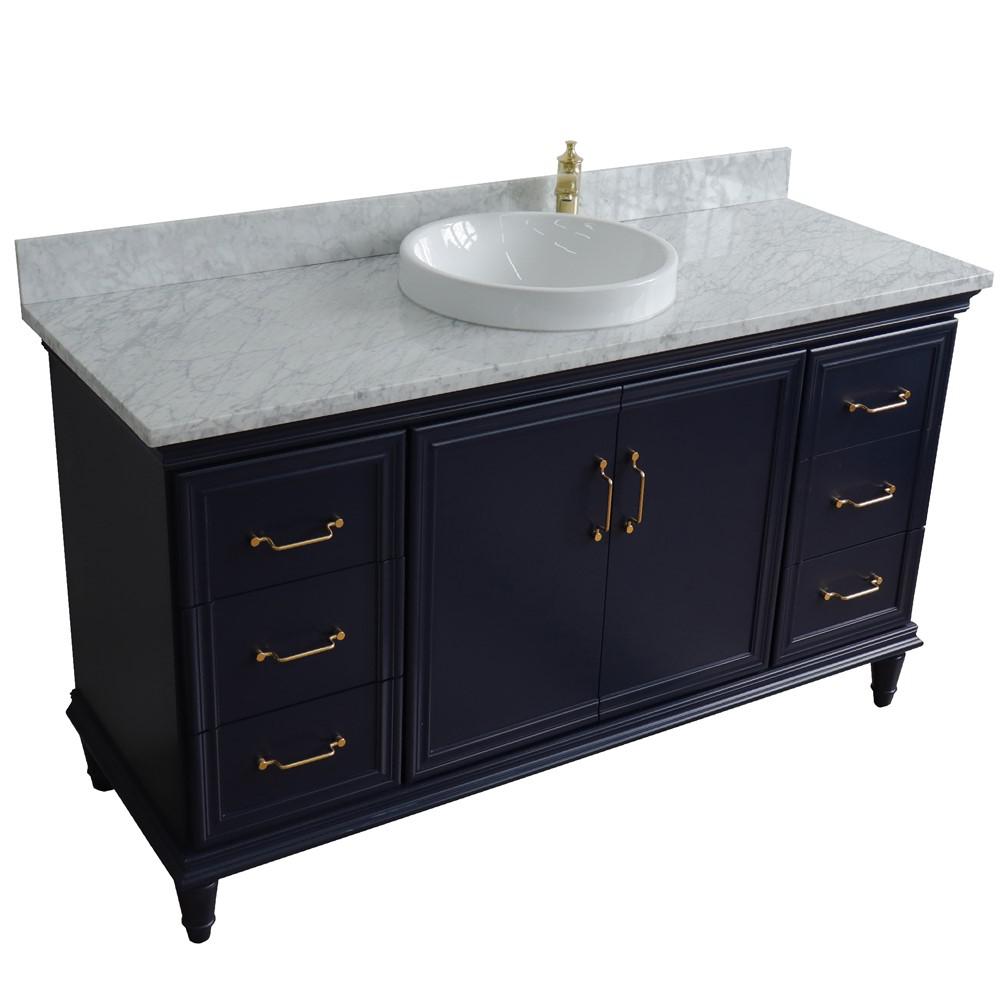 61 Single sink vanity in Blue finish and White Carrara marble and round sink. Picture 9