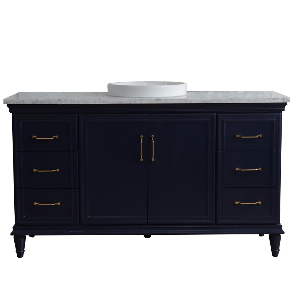 61 Single sink vanity in Blue finish and White Carrara marble and round sink. Picture 12