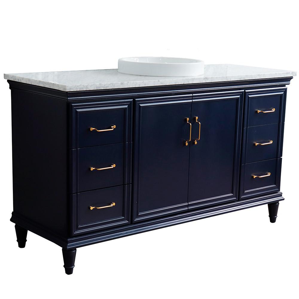 61 Single sink vanity in Blue finish and White Carrara marble and round sink. Picture 13