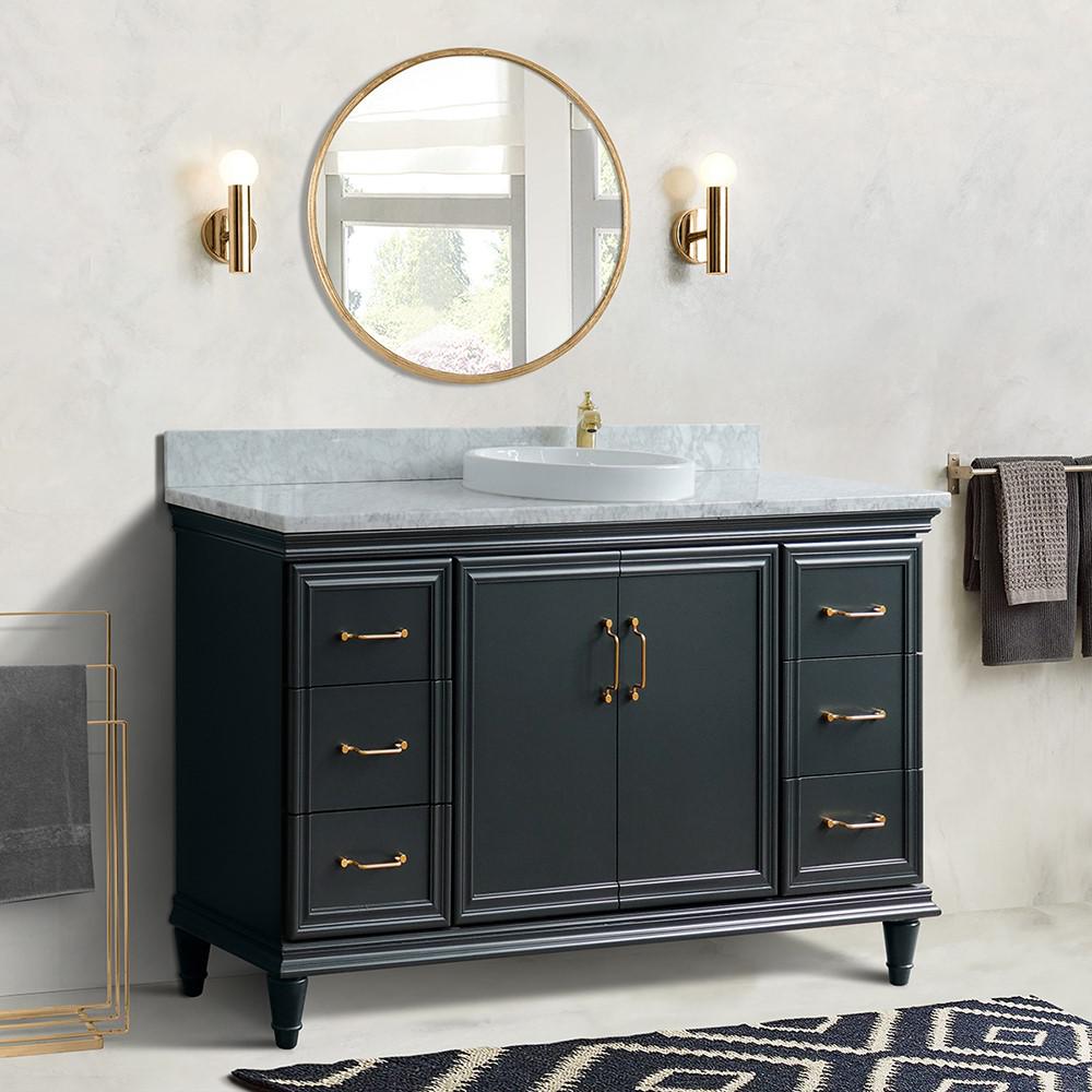 Single sink vanity in Dark Gray and White Carrara marble and rectangle sink. Picture 1