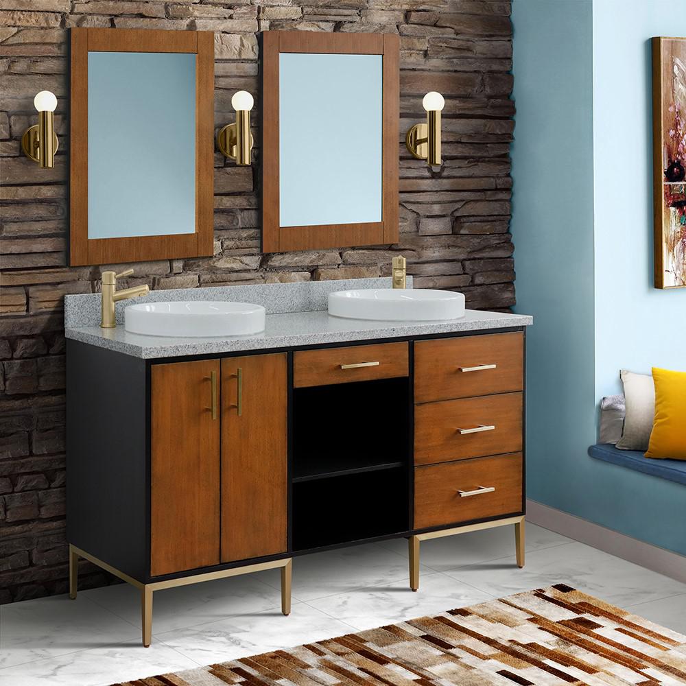 Double sink vanity in Walnut and Black and Gray granite and round sink. Picture 2