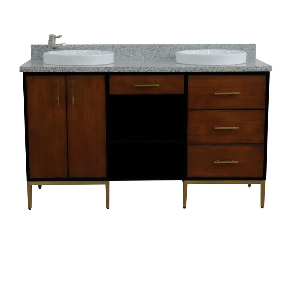 Double sink vanity in Walnut and Black and Gray granite and round sink. Picture 13