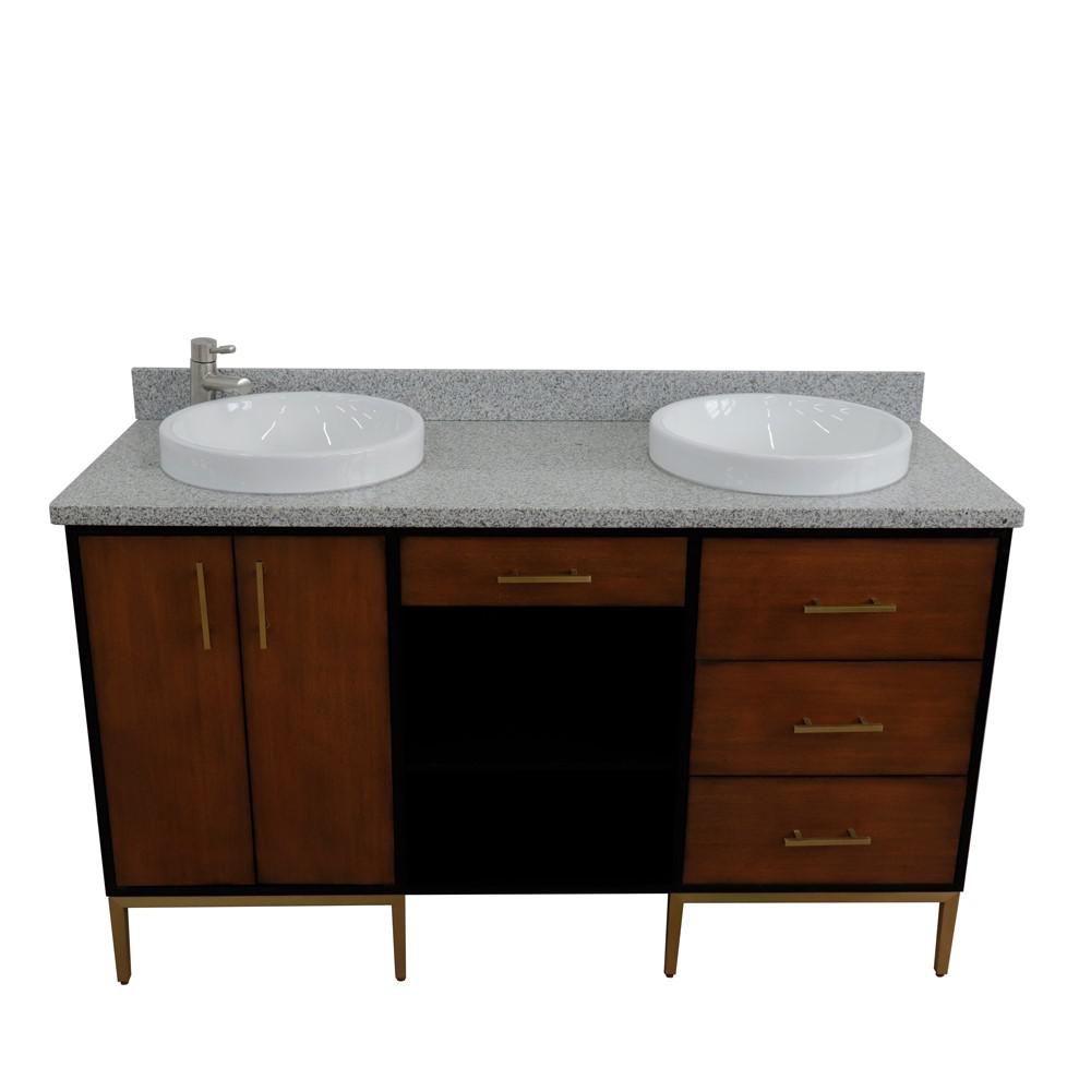 Double sink vanity in Walnut and Black and Gray granite and round sink. Picture 15