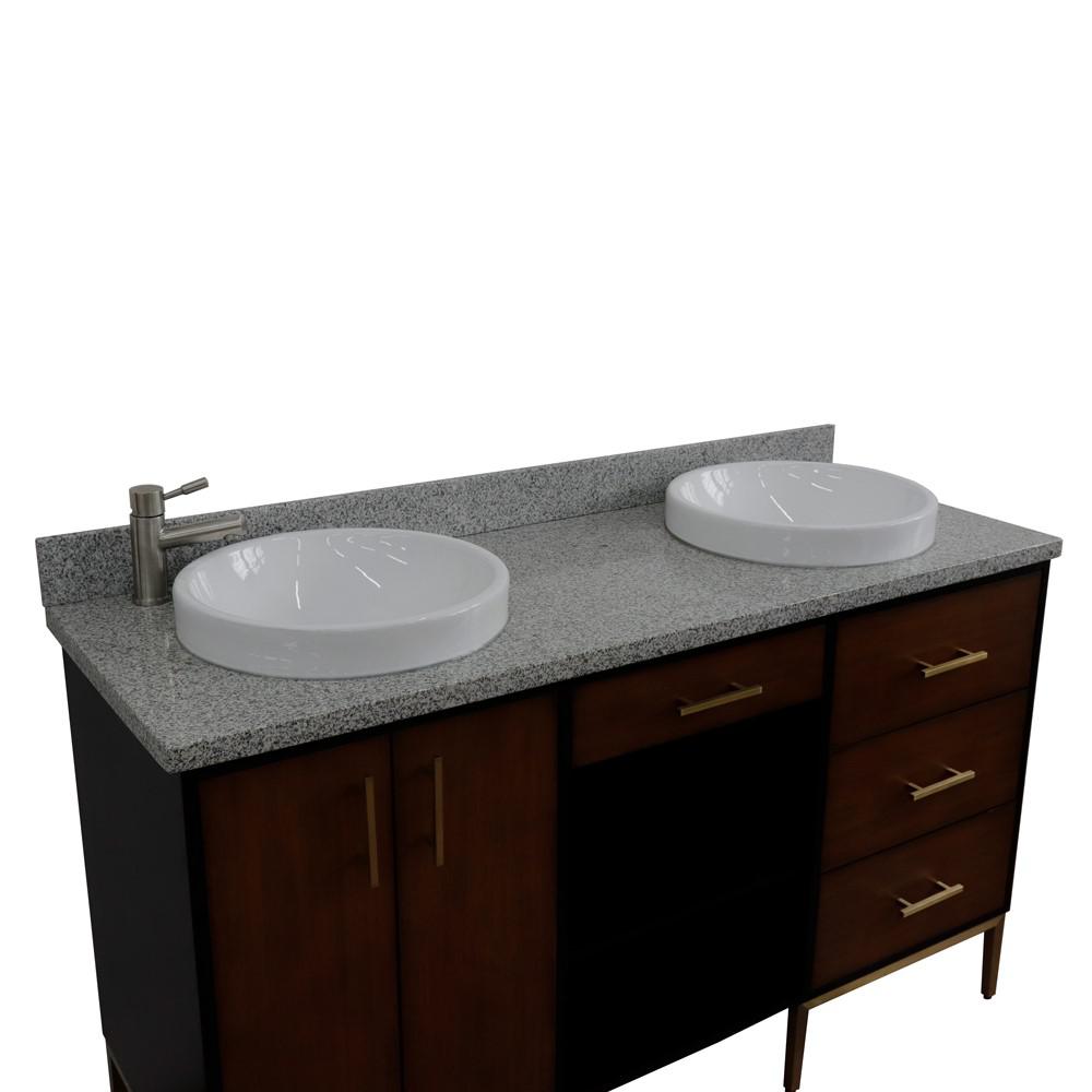 Double sink vanity in Walnut and Black and Gray granite and round sink. Picture 16