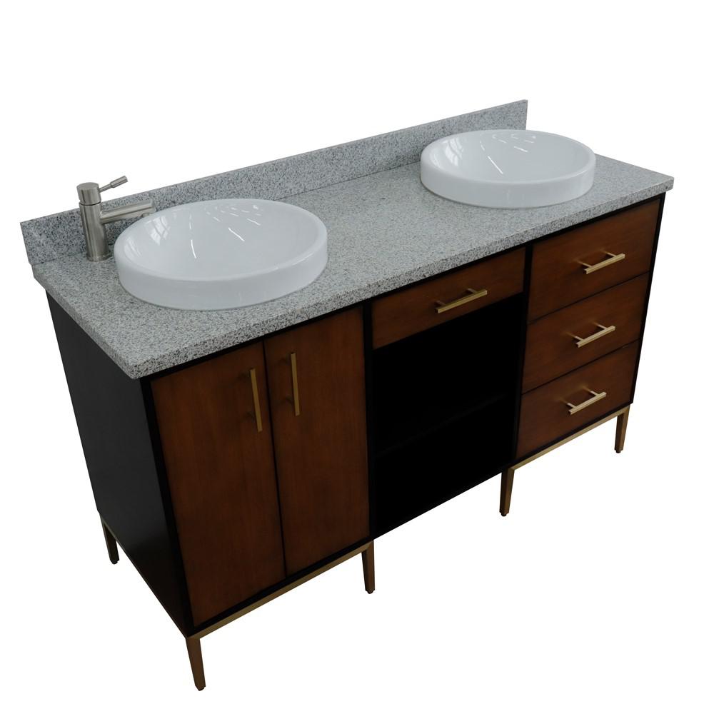 Double sink vanity in Walnut and Black and Gray granite and round sink. Picture 17