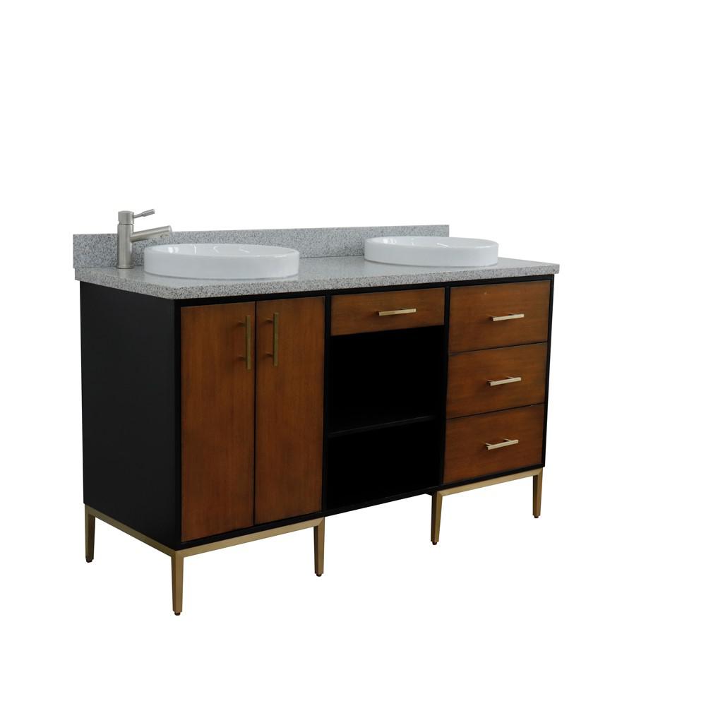 Double sink vanity in Walnut and Black and Gray granite and round sink. Picture 18
