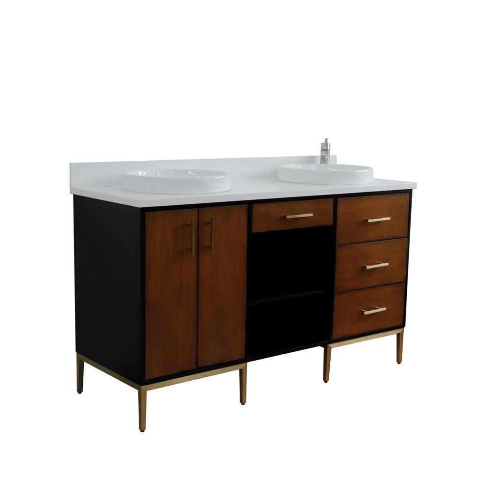 Double sink vanity in Walnut and Black and White quartz and round sink. Picture 13