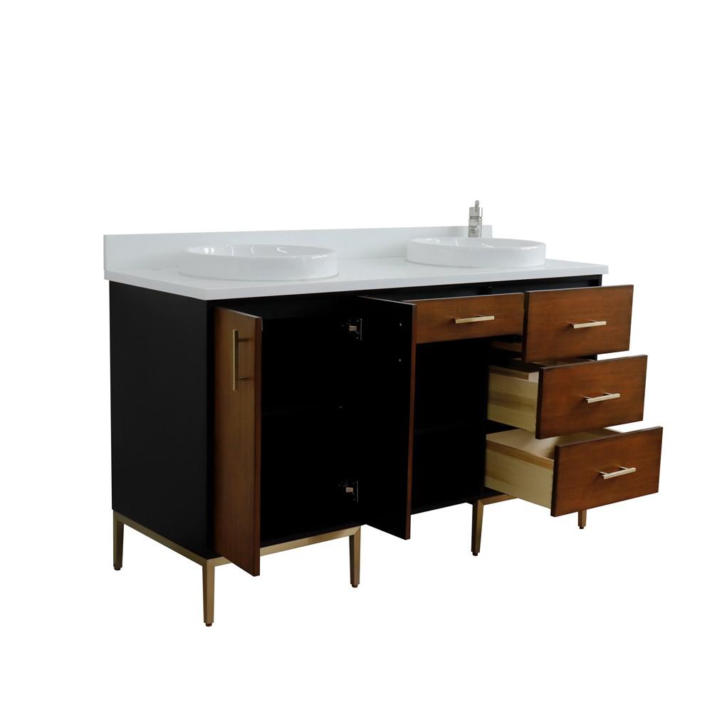 Double sink vanity in Walnut and Black and White quartz and round sink. Picture 18