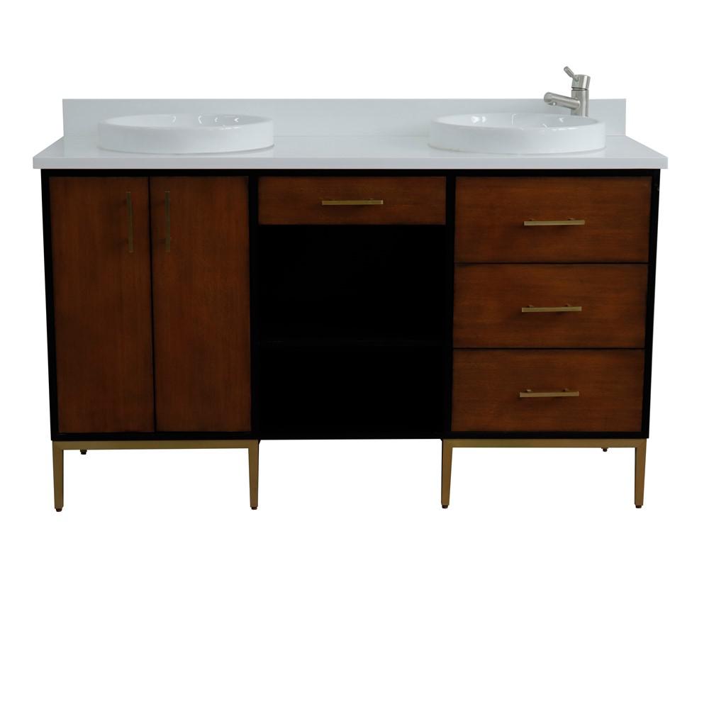 Double sink vanity in Walnut and Black and White quartz and round sink. Picture 19