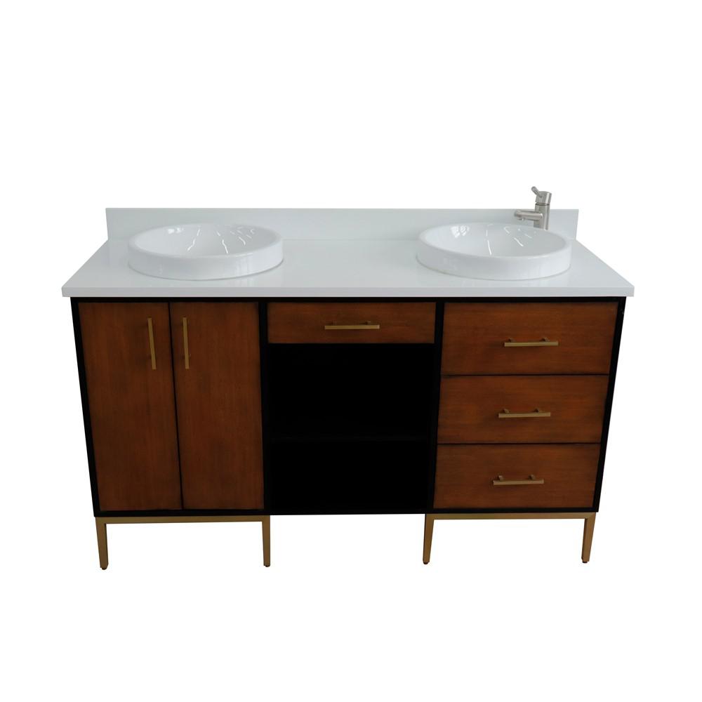 Double sink vanity in Walnut and Black and White quartz and round sink. Picture 20
