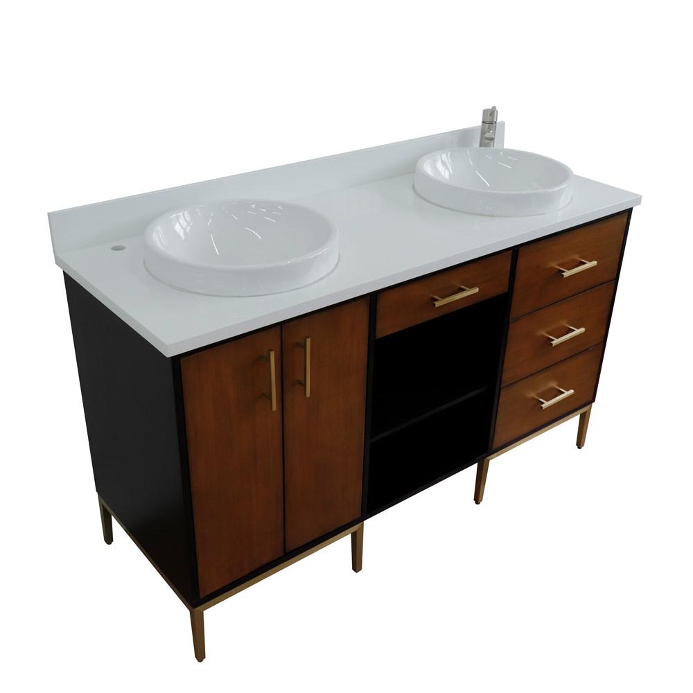 Double sink vanity in Walnut and Black and White quartz and round sink. Picture 21