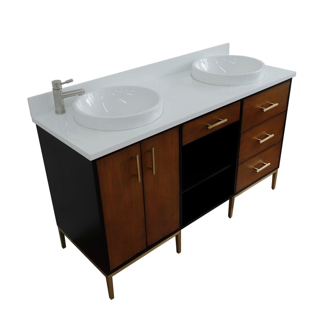 Double sink vanity in Walnut and Black and White quartz and round sink. Picture 22