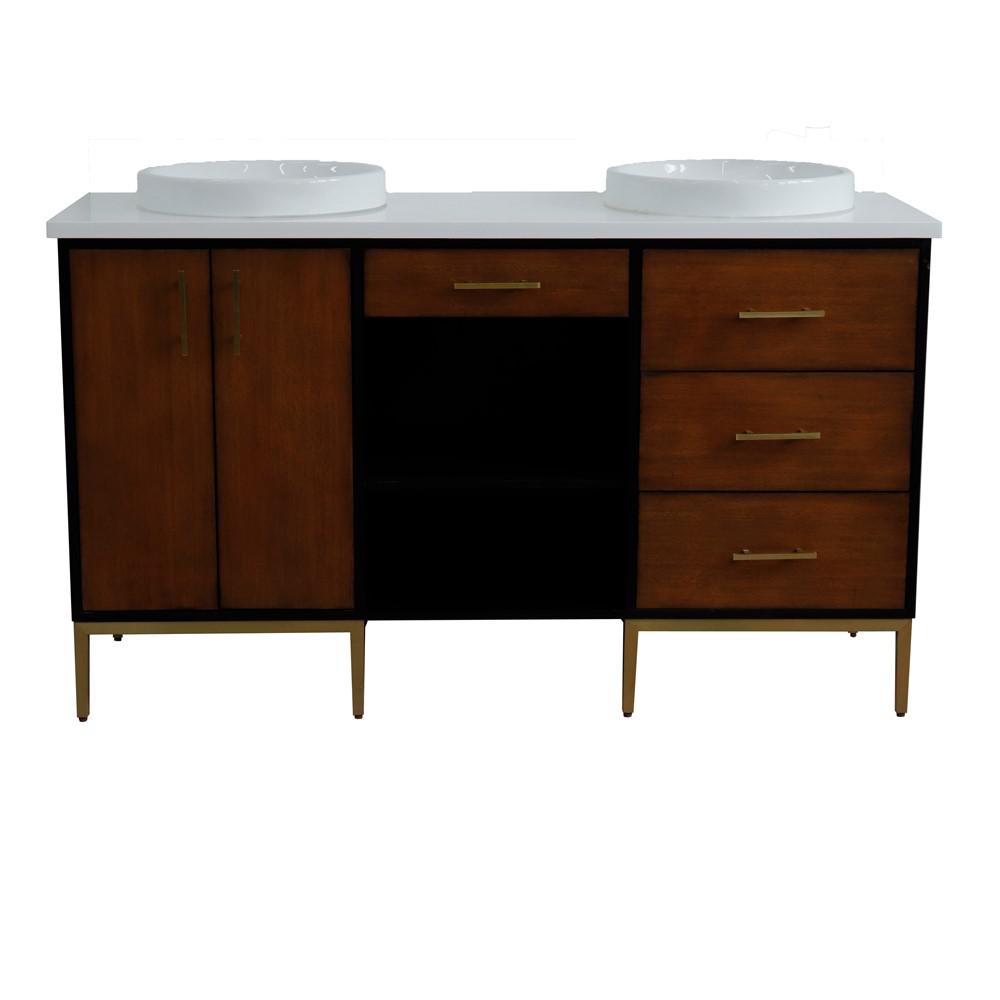 Double sink vanity in Walnut and Black and White quartz and round sink. Picture 24