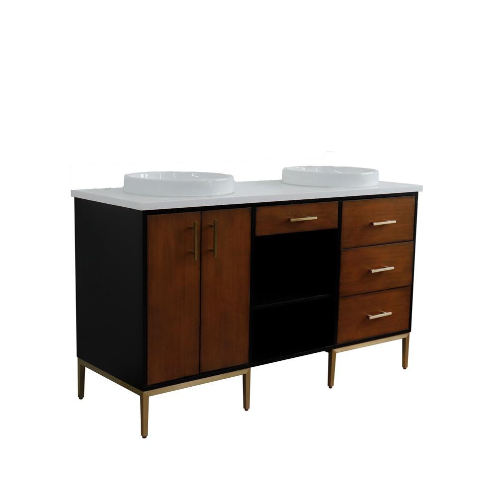 Double sink vanity in Walnut and Black and White quartz and round sink. Picture 1