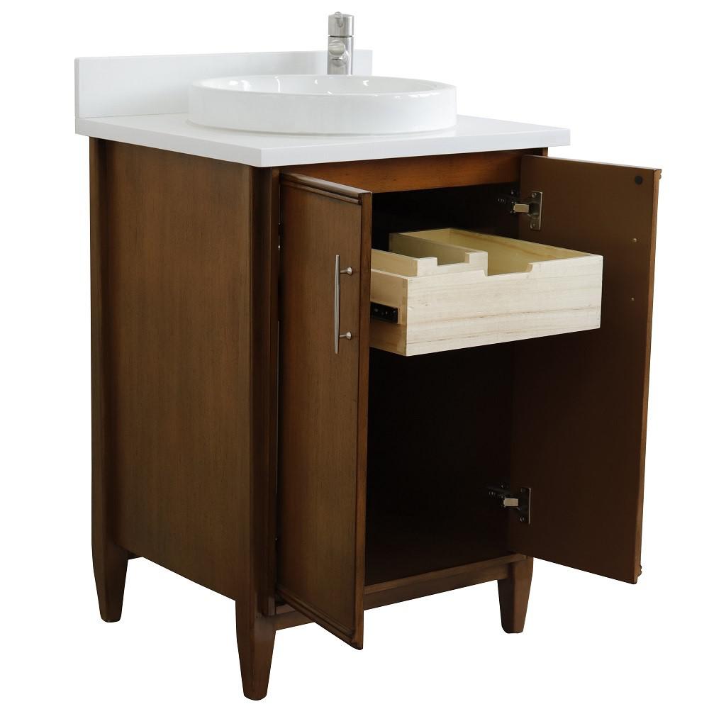 25 Single sink vanity in Walnut finish with White quartz and round sink. Picture 10