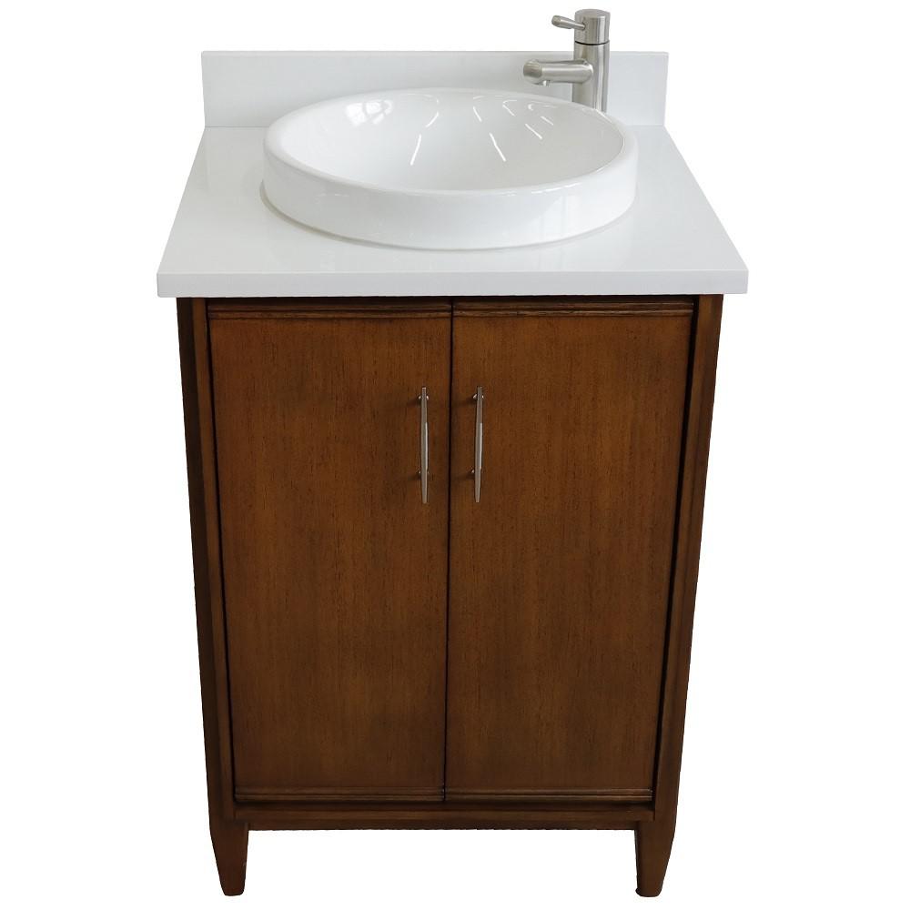 25 Single sink vanity in Walnut finish with White quartz and round sink. Picture 3