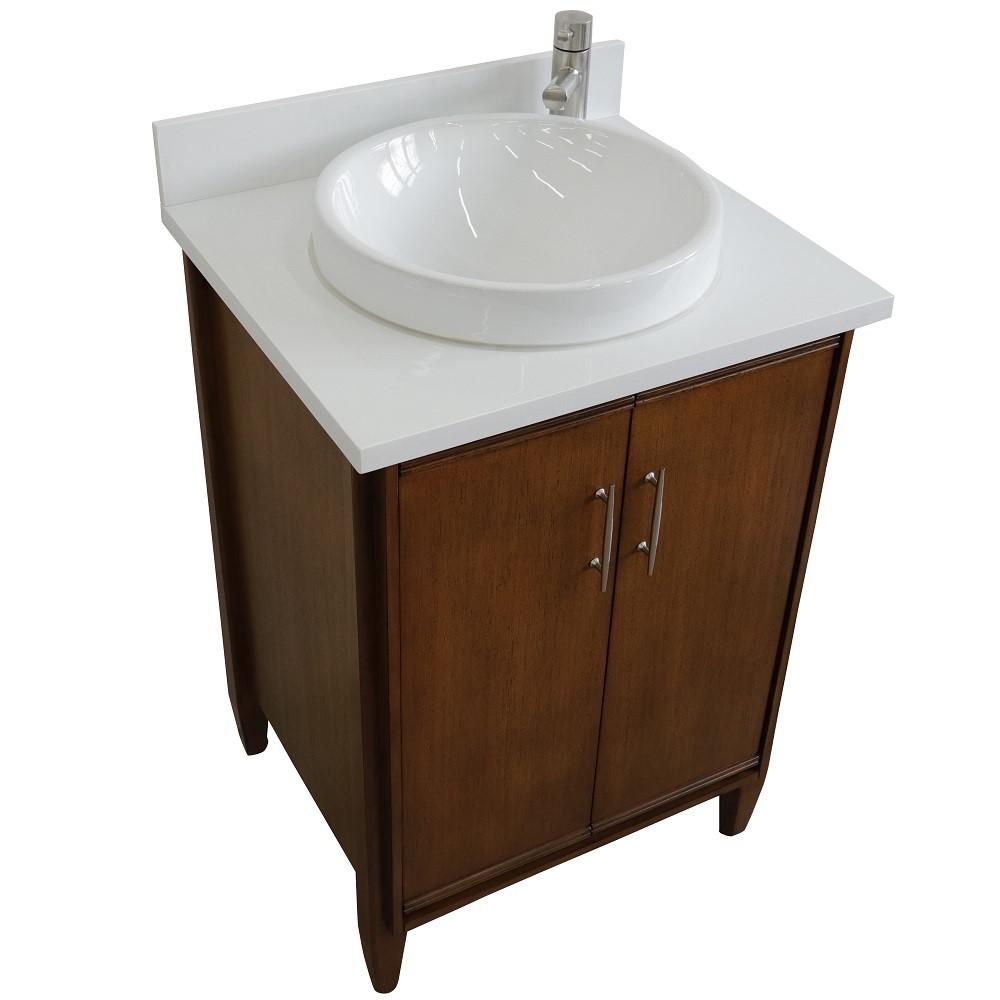 25 Single sink vanity in Walnut finish with White quartz and round sink. Picture 4