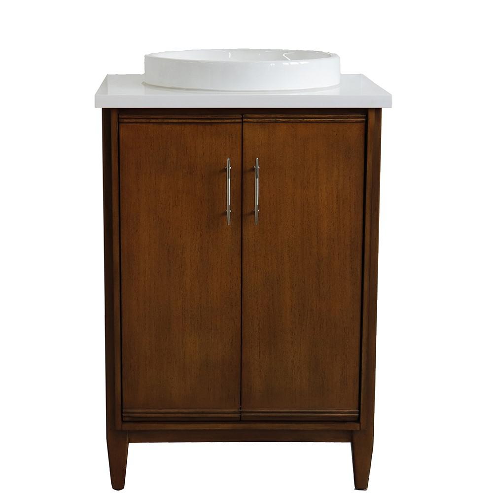 25 Single sink vanity in Walnut finish with White quartz and round sink. Picture 7