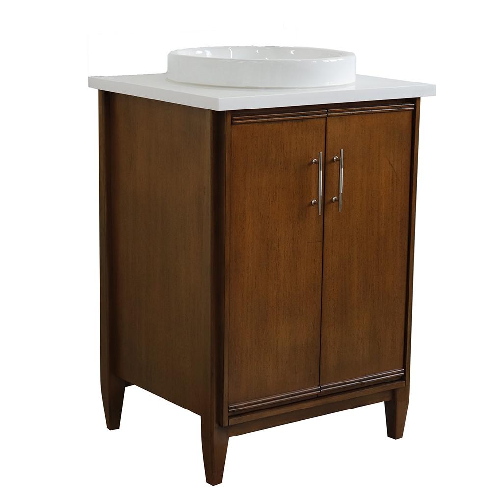 25 Single sink vanity in Walnut finish with White quartz and round sink. Picture 1