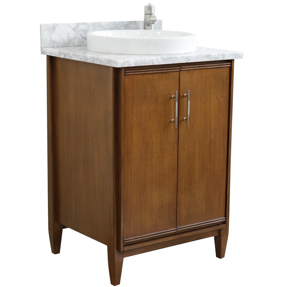 25 Single sink vanity in Walnut finish with White Carrara marble and round sink. Picture 5