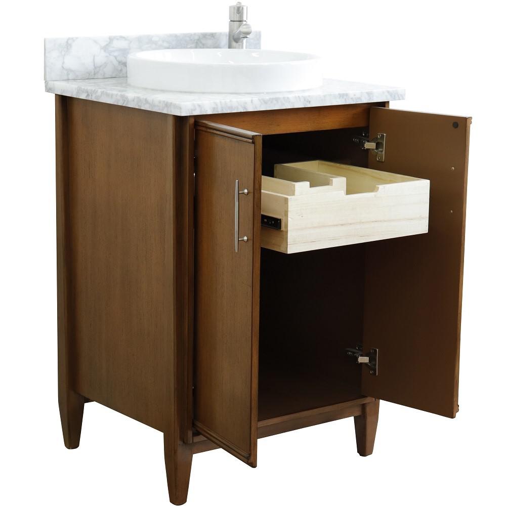 25 Single sink vanity in Walnut finish with White Carrara marble and round sink. Picture 6