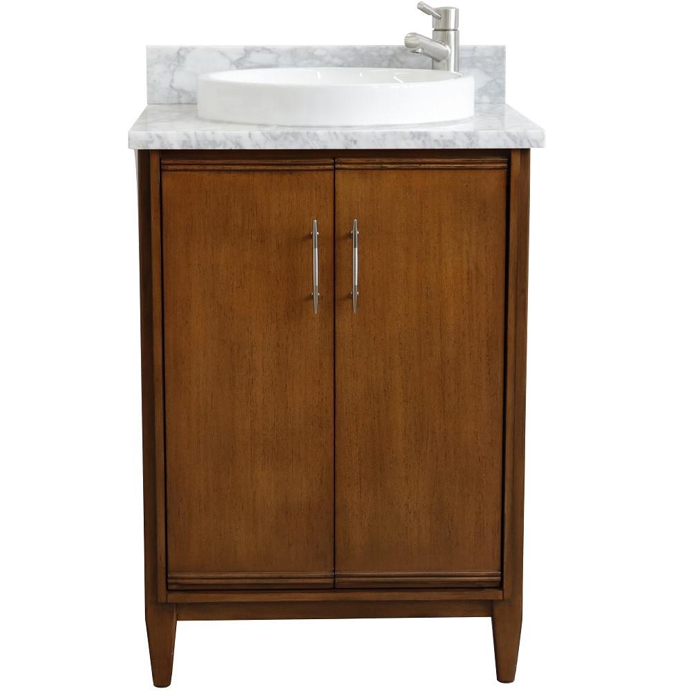 25 Single sink vanity in Walnut finish with White Carrara marble and round sink. Picture 7