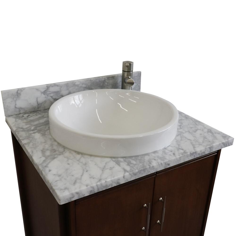25 Single sink vanity in Walnut finish with White Carrara marble and round sink. Picture 8