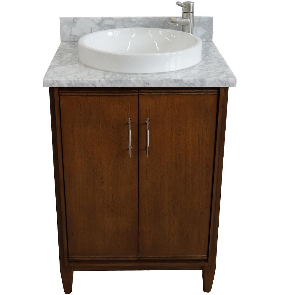 25 Single sink vanity in Walnut finish with White Carrara marble and round sink. Picture 10