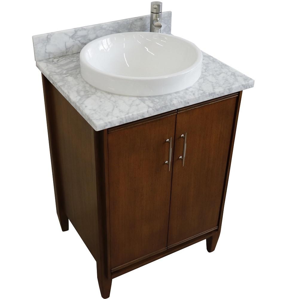 25 Single sink vanity in Walnut finish with White Carrara marble and round sink. Picture 11