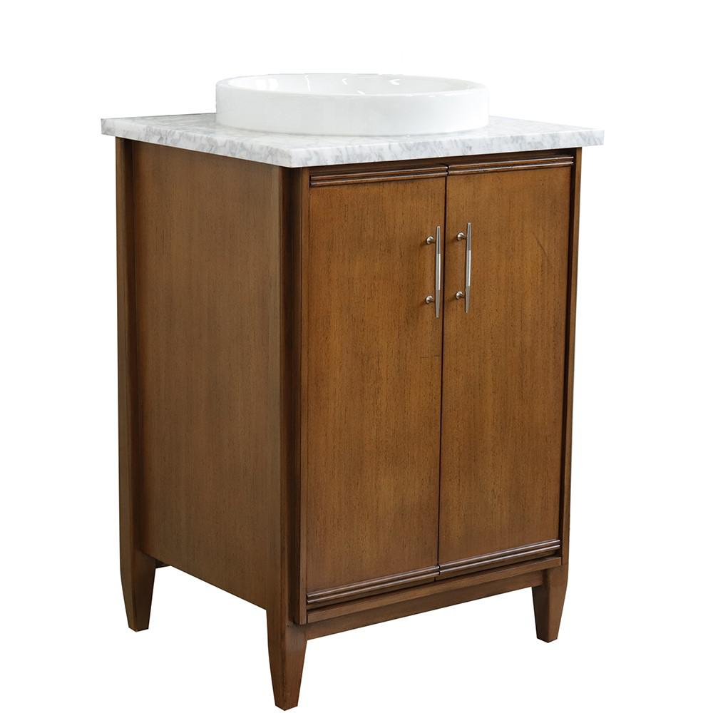 25 Single sink vanity in Walnut finish with White Carrara marble and round sink. Picture 1