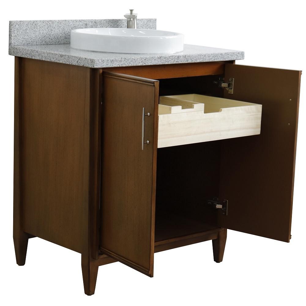31 Single sink vanity in Walnut finish with Gray granite with round sink. Picture 5