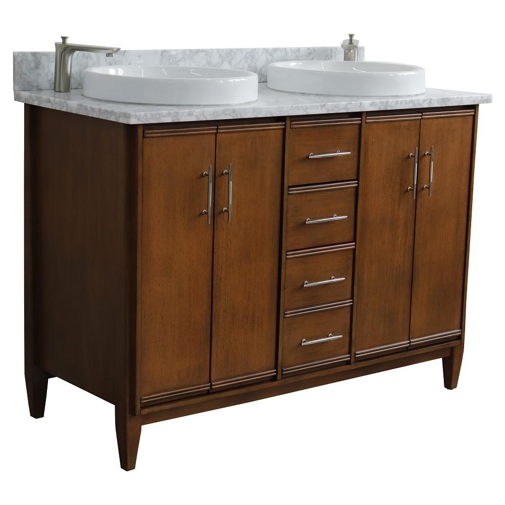 49 Double sink vanity in Walnut finish with White Carrara marble and round sink. Picture 5