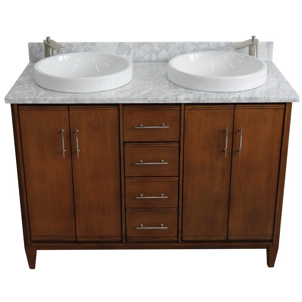49 Double sink vanity in Walnut finish with White Carrara marble and round sink. Picture 9