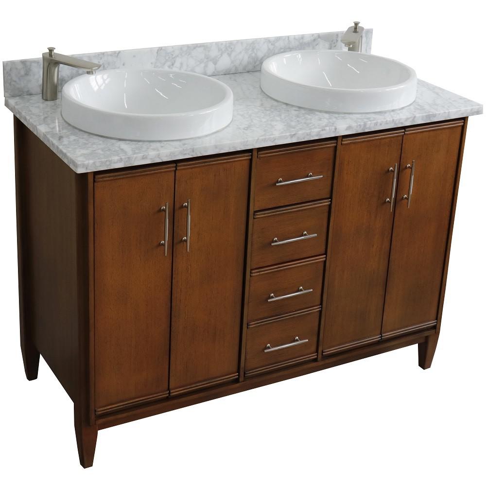 49 Double sink vanity in Walnut finish with White Carrara marble and round sink. Picture 10