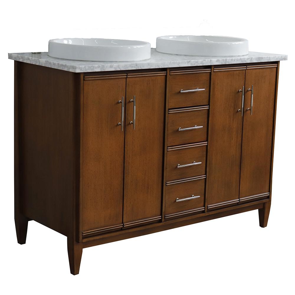 49 Double sink vanity in Walnut finish with White Carrara marble and round sink. Picture 1